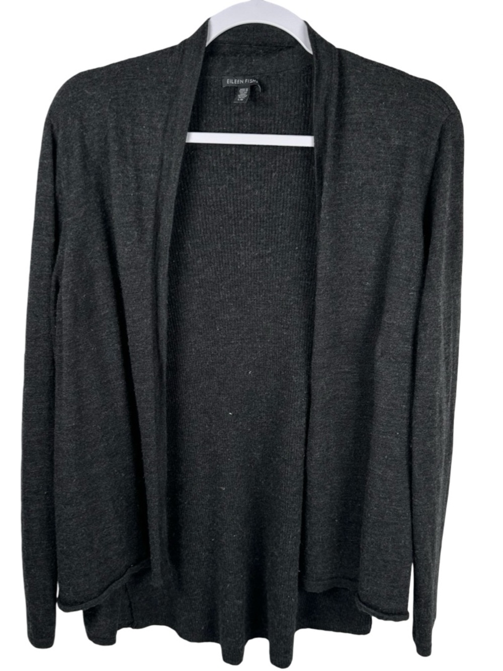 Eileen Fisher Charcoal Merino Wool Long Sleeve Open Cardigan Sweater Size Large